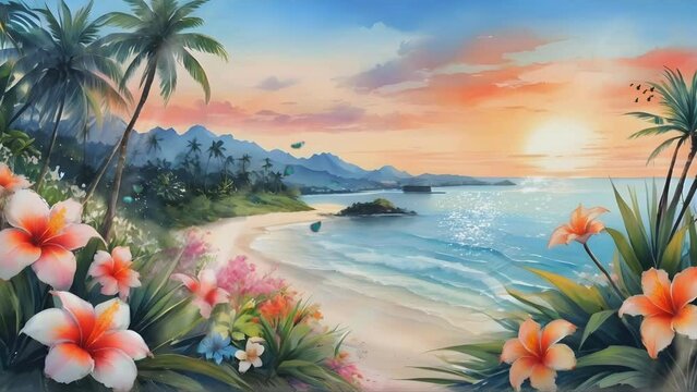 beach beauty scene with calm waves and sunset or sunrise view in watercolor illustration style