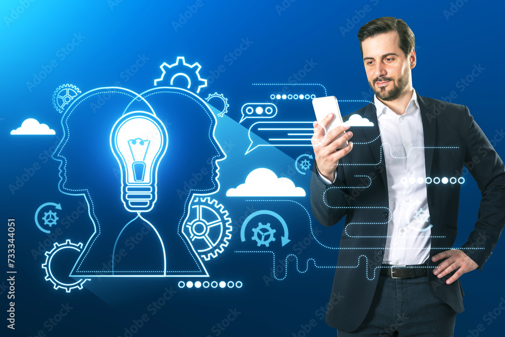 Poster attractive young businessman using smartphone with creative ai chat gpt hologram on digital backgrou