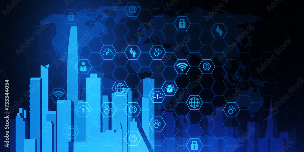 Poster Creative digital city on blue hexagonal background. Future and data concept. 3D Rendering.