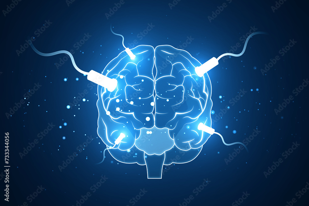 Poster digital brain concept with glowing connections on dark blue background. technology innovation. 3d re
