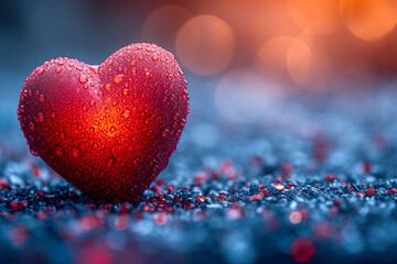 Fototapeta premium Red glittered heart on blue bokeh background. Valentines day greeting card.