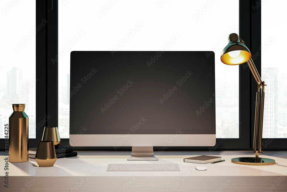 Poster Creative designer desktop with empty computer monitor, lamp, supplies and other items. Window with city view in the background. Mock up, 3D Rendering.