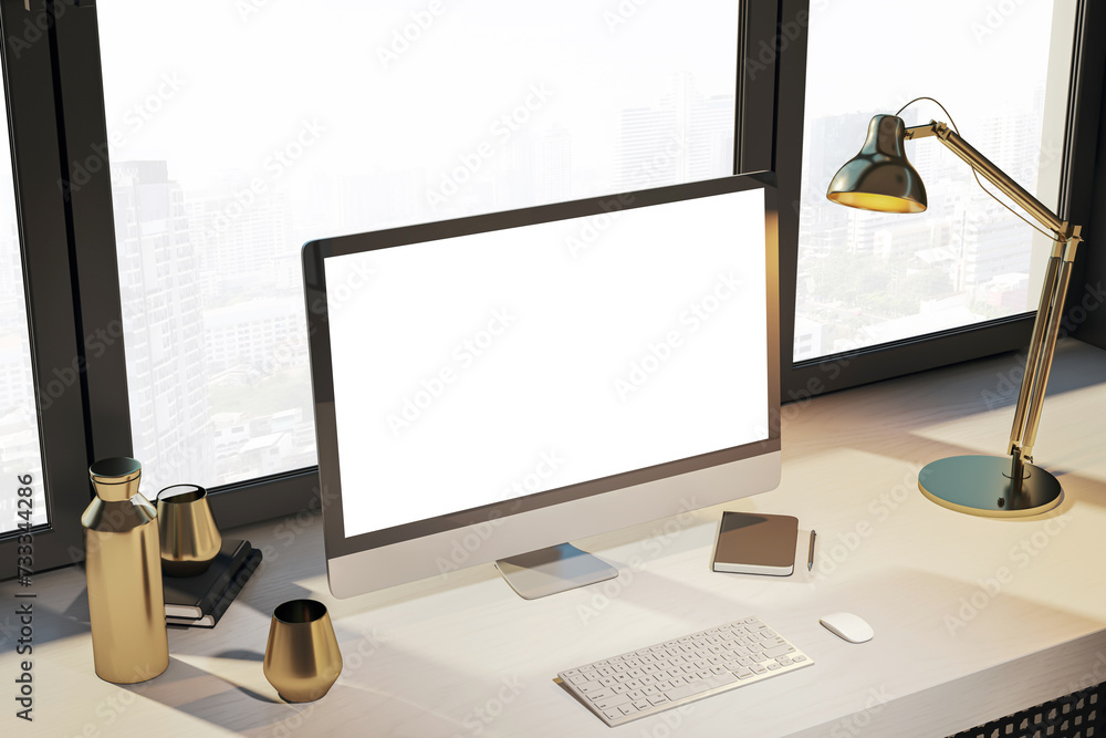 Poster Modern designer desktop with empty white computer monitor, lamp, supplies and other items. Window with city view in the background. Mock up, 3D Rendering.