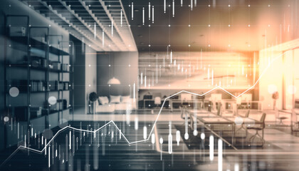 New office interior with abstract forex chart background. Toned image. Finance and trade concept. Double exposure.