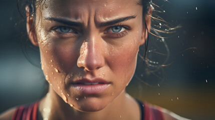 Close-up of the face of a sweaty woman, confident and training outdoors.