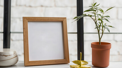 Side view portrait of 3D wooden frame mock up on a table in front of glass window indoors. Elegant frame template for canvas or prints.