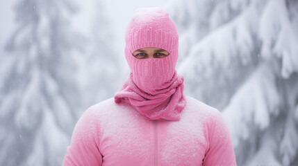 young stylish man in pink warm balaclava mask with snowy background, winter concept.