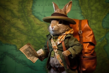 Fototapeta premium Adventurous Rabbit with Map and Backpack