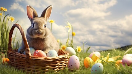 Easter banner. An adorable bunny and a basket filled with colorful Easter eggs in a vibrant meadow under the cheerful spring sun