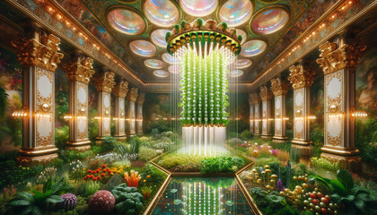 Obraz premium Opulent aeroponic system in maximalist greenhouse chamber.