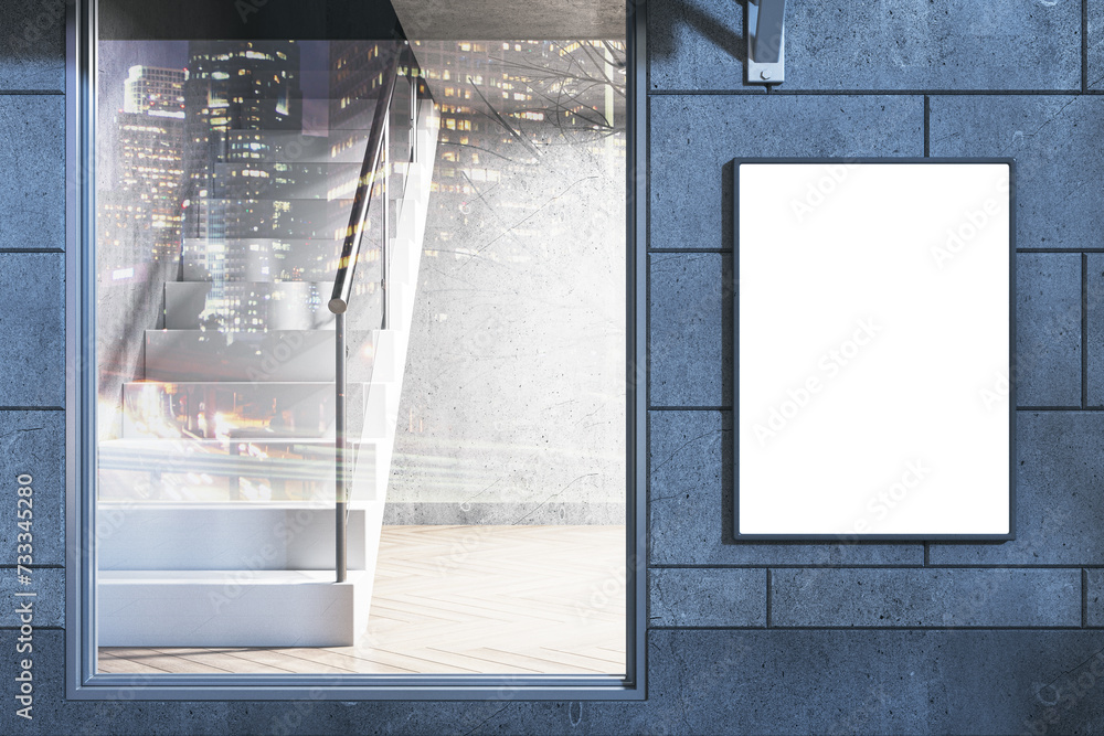 Poster Modern nighttime glass storefront in concrete tile building with empty white mock up banner and tree shadows. 3D Rendering.