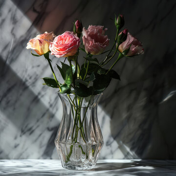 Pink rose flowers in a glass vase with a background of natural marble stone. Concept of decoration, plants, home decor, floral love