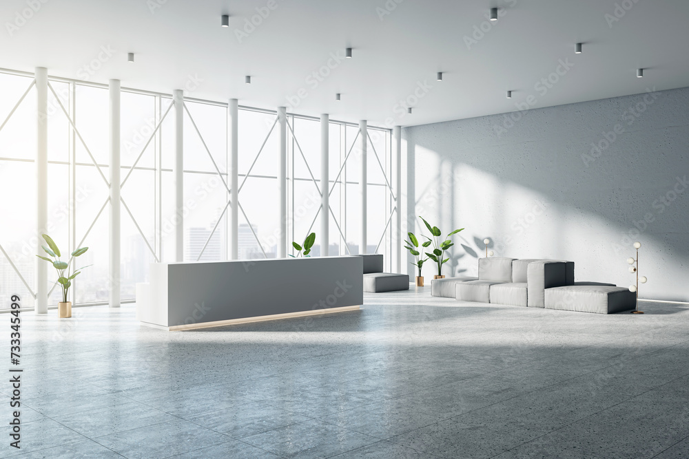 Poster Minimalist office reception with large windows and comfortable seating. 3D Rendering