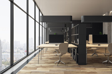 New concrete and wooden coworking office interior with bookcase partitions and panoramic windows with city view. 3D Rendering.