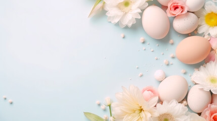 Fototapeta na wymiar Elegant Easter arrangement with pastel eggs and delicate flowers on blue. Easter composition with soft colored eggs amidst floral blossoms. Easter celebration concept with copy space for greeting card