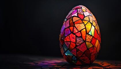 Illuminated mosaic egg on a dark background. Stained glass art photography with reflective surface. Easter holiday and religious symbol for design and print.