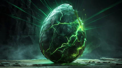 Poster Cracked glowing egg with green energy lines on dark stone background. Fantasy concept for gaming background and magical creature design. Mysterious and magical theme with place for text. © Irina.Pl