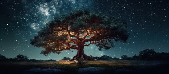 single tree nighttime background full of stars - obrazy, fototapety, plakaty