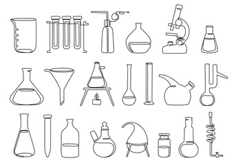 Continuous one line lab equipment. Beakers, test tubes, flasks and microscope, scientific instruments and laboratory icons vector illustration set with editable stroke paths