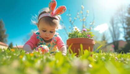 Little girl with bunny ears playing Easter egg hunt in the garden. Toddler enjoying an Easter egg search on a sunny spring day.