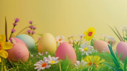 Pastel Easter eggs nestled in spring grass with flowers. Vibrant Easter decoration with colorful eggs among daisies and daffodils.