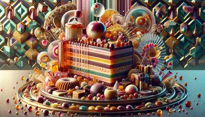 Opulent dessert showcasing New Maximalism with vibrant colors and intricate textures.