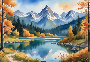 Mountains, forests, and a lake are shown in a watercolor scene. Autumnal landscape. Beautiful woodland picture with a trip feel. 