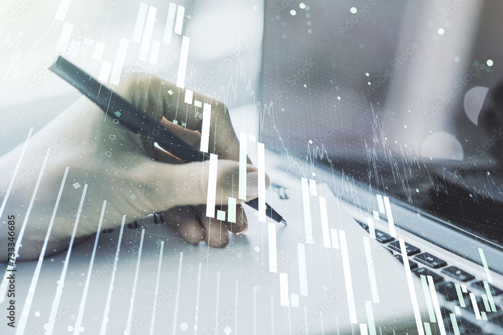 Poster multi exposure of abstract financial diagram with hand writing in notepad on background, banking and