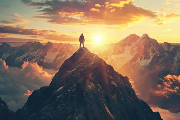 Tuinposter A man standing on top of a mountain as the sun sets. Goals and achievements concept photo composite. © darshika
