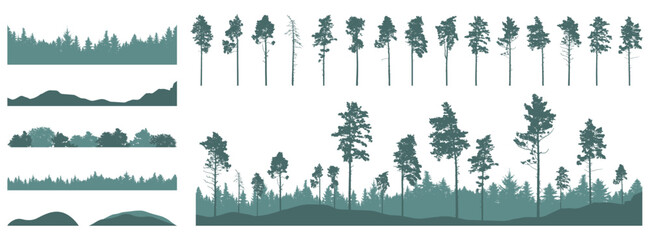 Set of forest element, pine trees, beautiful landscapes. Creation of beautiful woodland, constructor.  Vector illustration © nosyrevy