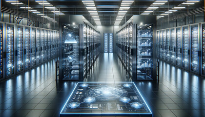 Modern serverless architecture in sleek data center with interactive holographic control display.