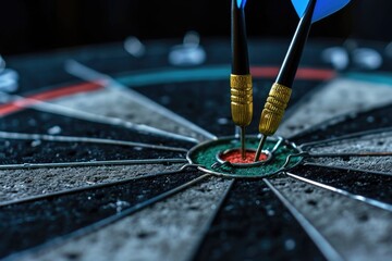 Business hits target with dart arrow on dark background. - obrazy, fototapety, plakaty