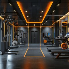 gym interior design, light black and orange, soft renderings, blue and black
