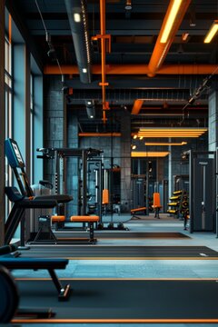 gym interior design, light black and orange, soft renderings, blue and black

