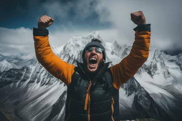 Papier Peint photo Himalaya Hikers Triumph in the Himalayas  Goal  Success  Happiness