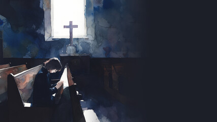 Person praying in a church isolated on black background