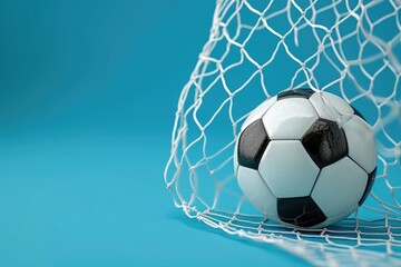 Soccer ball in goal on blue background