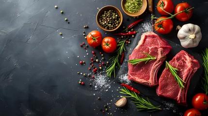 Foto op Plexiglas Fresh raw meat on slate black board top view. Variety of spices, seasoning for cooking, grilling © Oksana