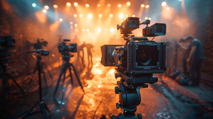 Fototapeta premium Behind the scenes of video shooting production crew team and professional camera equipment in studio,generative ai