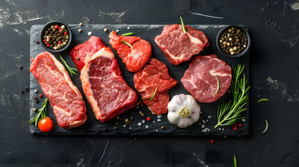 Fresh raw meat on slate black board top view. Variety of spices, seasoning for cooking, grilling