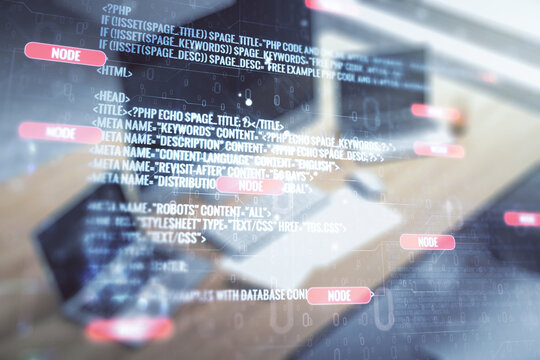 Multi exposure of abstract creative coding sketch and modern desktop with computer on background, artificial intelligence and neural networks concept