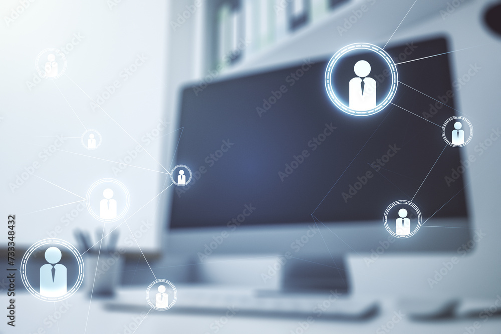 Poster Social network concept and modern desktop with computer on background. Multiexposure