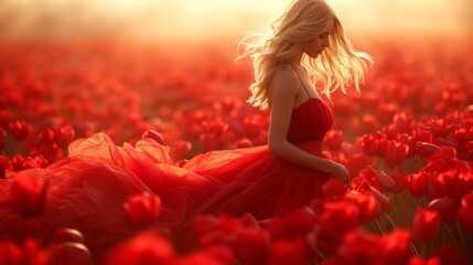 Woman in Red Dress Standing in Field of Red Tulips