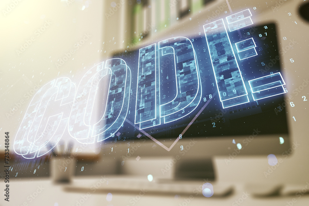 Poster Creative Code word hologram and modern desktop with laptop on background, artificial intelligence and neural networks concept. Multiexposure