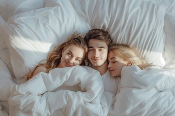 Serene Trio polyamorous couple Enjoying a Cozy Morning in Bed top view. Concept polyamorous relationship