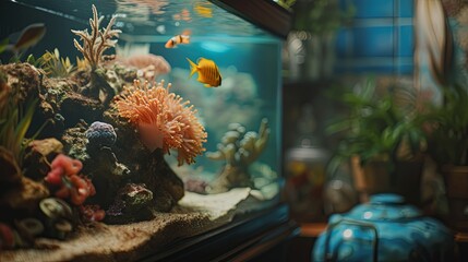 Home aquarium cozy interior with fish pet animall wallpaper background