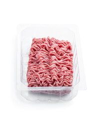 Minced pork and beef in plastic pack isolated on white background