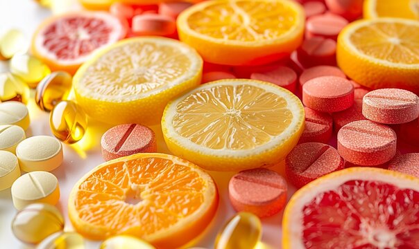 Orange flavored vitamin C tablets. Tablet with the antioxidant power of vitamin C with the citrus freshness of orange. Concept of daily health and well-being.