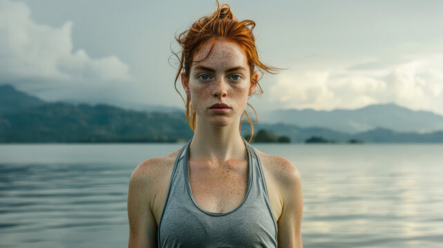Portrait of a red-haired, freckled woman wearing a gray tank top in front of a lake view. Concept of adventure, outdoor sport, woman power, vacation, travel