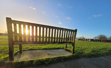 early spring morning in the park, the sun's rays illuminate the grass and bench